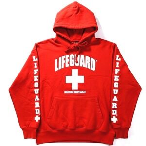 Lifeguard Large Hoodie Red Lake Winnipesaukee Pullover Sweatshirt Mens LG